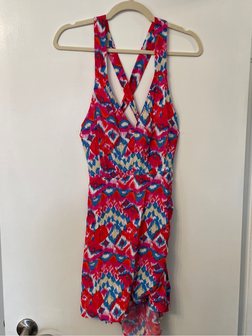 🆕 NWT Zara Ikat Print Mini Dress Red Blue Lace Up Back Large